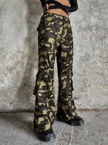 SHEIN ICON Camo Print Flap Pocket Cargo Trousers - Army Green - View 3