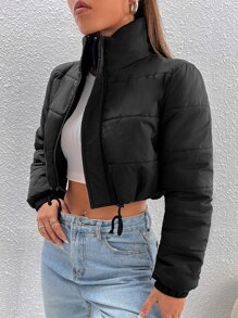 SHEIN PETITE Drawstring Hem Crop Padded Coat In Fall/Winter - Black - View 5