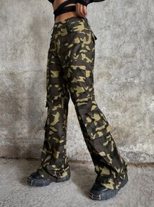SHEIN ICON Camo Print Flap Pocket Cargo Trousers - Army Green - View 4