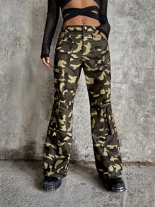 SHEIN ICON Camo Print Flap Pocket Cargo Trousers - Army Green - View 5