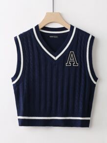 SHEIN Unity 1 pieza Chaleco de punto con diseño de parche de letra ribete de rayas escote V - Azul Marino - Ver 1