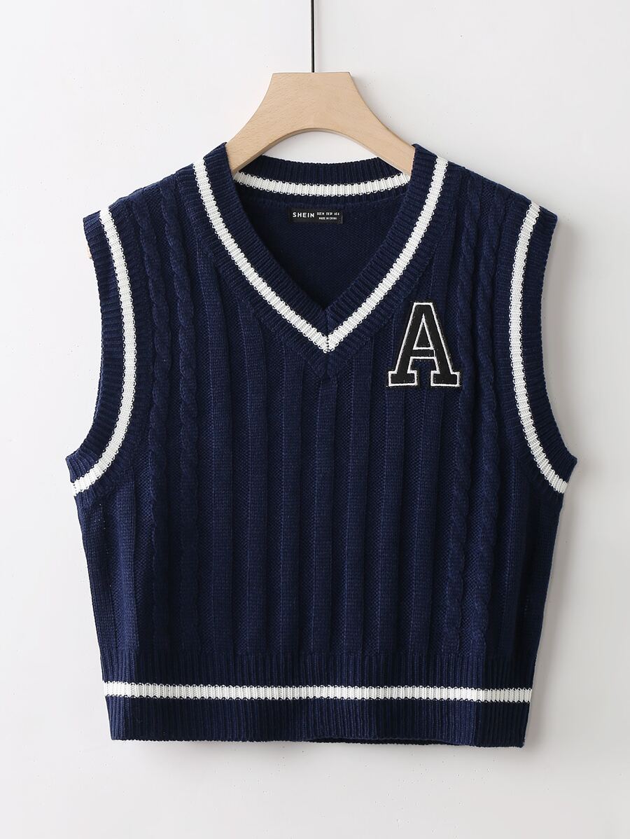 SHEIN Unity 1 pieza Chaleco de punto con diseño de parche de letra ribete de rayas escote V - Azul Marino - Ver 1