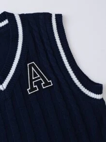 SHEIN Unity 1 pieza Chaleco de punto con diseño de parche de letra ribete de rayas escote V - Azul Marino - Ver 3