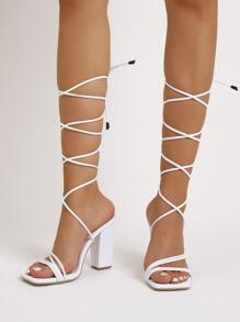 Sandalias con tacón grueso de pierna con cordón con diseño - Blanco - Ver 3