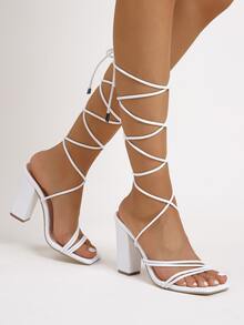 Sandalias con tacón grueso de pierna con cordón con diseño - Blanco - Ver 5