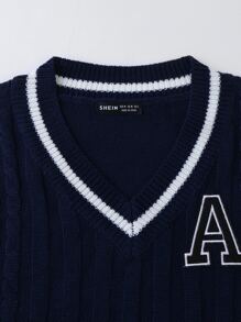 SHEIN Unity 1 pieza Chaleco de punto con diseño de parche de letra ribete de rayas escote V - Azul Marino - Ver 5