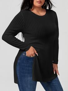 EURMUSE Plus Ribbed Knit Split Hem Tee - Black - View 1