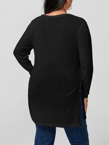 EURMUSE Plus Ribbed Knit Split Hem Tee - Black - View 2