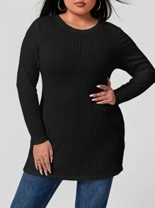 EURMUSE Plus Ribbed Knit Split Hem Tee - Black - View 3