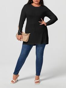 EURMUSE Plus Ribbed Knit Split Hem Tee - Black - View 4