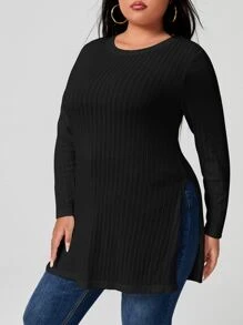 EURMUSE Plus Ribbed Knit Split Hem Tee - Black - View 5