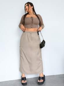 SHEIN ICON Taglie Forti Gonna paracadute in stile gorpcore tasca laterale con patta - Albicocca - Visualizzare 5