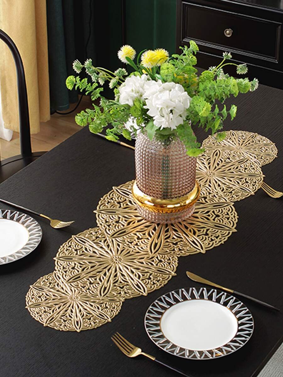 1 pieza Camino de mesa con abertura con diseño de flor - Dorado - Ver 1