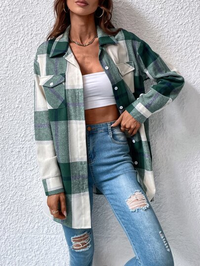 EMERY ROSE Camisa xadrez com aba e bolso, ombro caído, sem cinto, casual feminina, botão, bolso, manga comprida, gola, ajuste regular, camisa longa verde, ombro caído, blusas femininas, primavera/outono, uso diário casual, tops de manga comprida