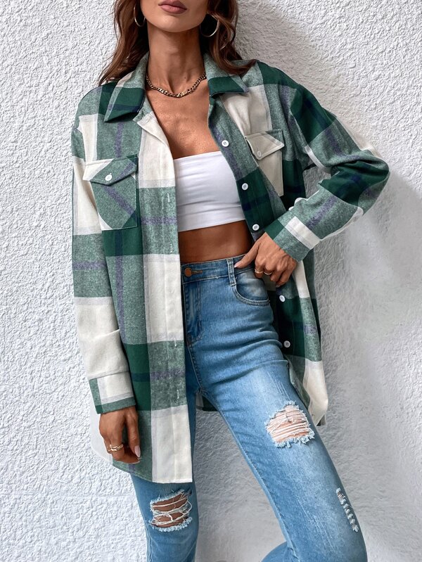 EMERY ROSE Cămașă în carouri cu clapetă, cu umăr căzut, fără centură, nasturi casual pentru damă, guler cu mânecă lungă, cu buzunare, cămașă lungă, verde, cu umăr căzut, bluze pentru femei, primăvară/toamnă, ținută zilnică ocazională, topuri cu mânecă lungă