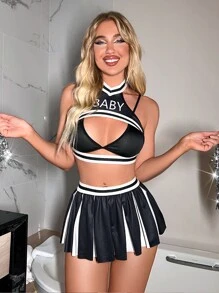 4pack Letter Graphic Godet Cheerleader Costume Set - Black and White - View 4