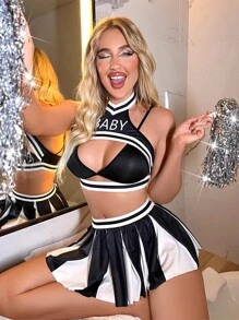 4pack Letter Graphic Godet Cheerleader Costume Set - Black and White - View 1