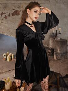 ROMWE Goth Sailor Collar Velvet Dress - Black - View 2