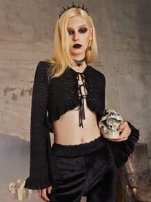 ROMWE Goth 素色前繫帶荷葉邊上衣 - 黑色 - 查看 2