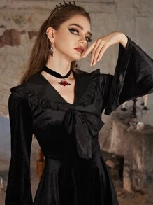 ROMWE Goth Sailor Collar Velvet Dress - Black - View 4