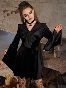 ROMWE Goth Sailor Collar Velvet Dress - Black - View 5