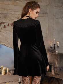 ROMWE Goth Sailor Collar Velvet Dress - Black - View 6