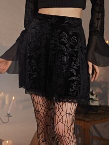 ROMWE Goth Velvet Contrast Lace Skirt - Black - View 4