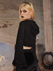 ROMWE Goth 素色前繫帶荷葉邊上衣 - 黑色 - 查看 5