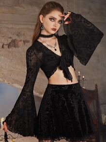 ROMWE Goth Áo nữ Thắt nơ trước Tất cả trên in Gợi cảm - màu đen - Xem 1