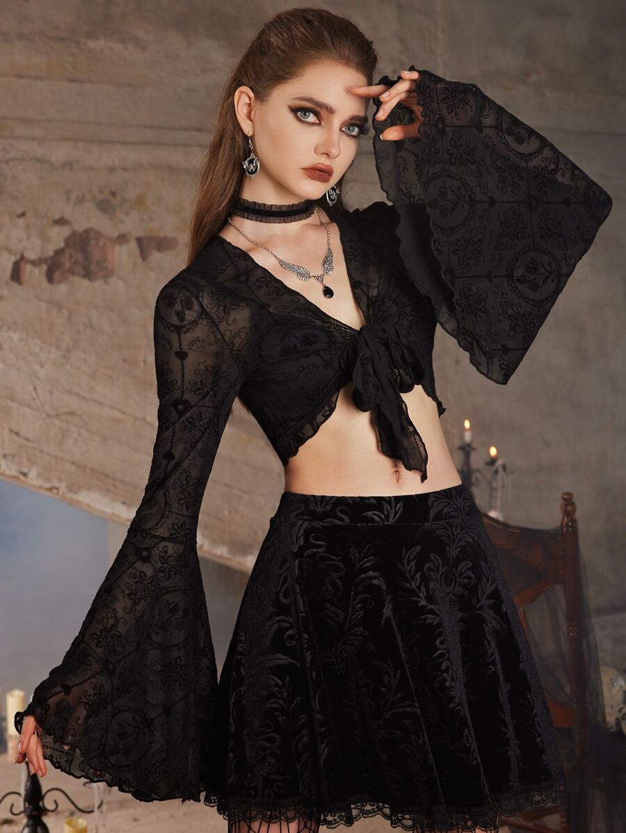 ROMWE Goth Áo nữ Thắt nơ trước Tất cả trên in Gợi cảm - màu đen - Xem 1