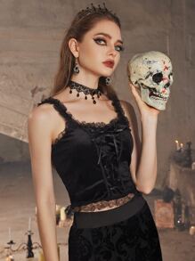 ROMWE Goth 絲絨蕾絲拼接繫帶吊帶 - 黑色 - 查看 1