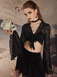 ROMWE Goth Áo nữ Thắt nơ trước Tất cả trên in Gợi cảm - màu đen - Xem 2