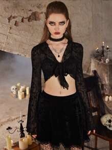 ROMWE Goth Áo nữ Thắt nơ trước Tất cả trên in Gợi cảm - màu đen - Xem 3