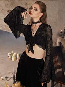 ROMWE Goth Áo nữ Thắt nơ trước Tất cả trên in Gợi cảm - màu đen - Xem 4