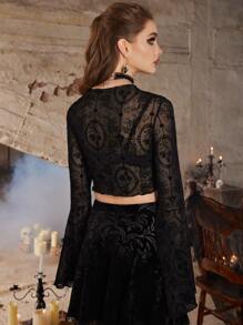 ROMWE Goth Áo nữ Thắt nơ trước Tất cả trên in Gợi cảm - màu đen - Xem 5