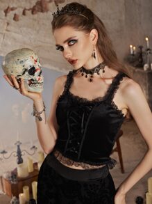 ROMWE Goth 絲絨蕾絲拼接繫帶吊帶 - 黑色 - 查看 3