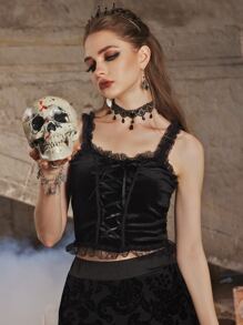 ROMWE Goth 絲絨蕾絲拼接繫帶吊帶 - 黑色 - 查看 4