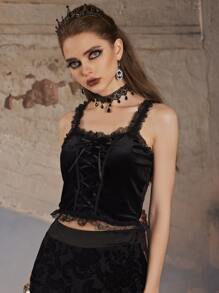 ROMWE Goth 絲絨蕾絲拼接繫帶吊帶 - 黑色 - 查看 5