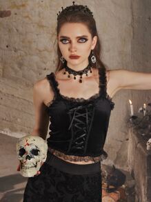 ROMWE Goth 絲絨蕾絲拼接繫帶吊帶 - 黑色 - 查看 6