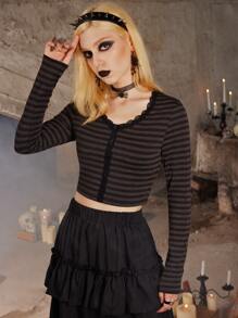 ROMWE Goth 條紋圖案蕾絲拼接前紐扣T恤 - 彩色 - 查看 2