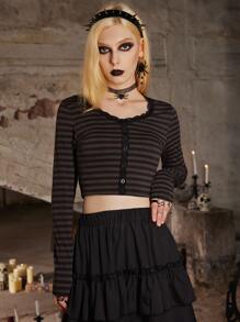 ROMWE Goth 條紋圖案蕾絲拼接前紐扣T恤 - 彩色 - 查看 3