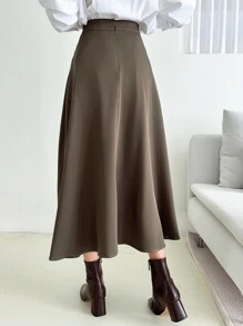 DAZY Falda larga acampanada lisa, falda larga holgada con cremallera de color marrón natural liso para mujer de uso casual, para primavera/otoño, uso diario casual