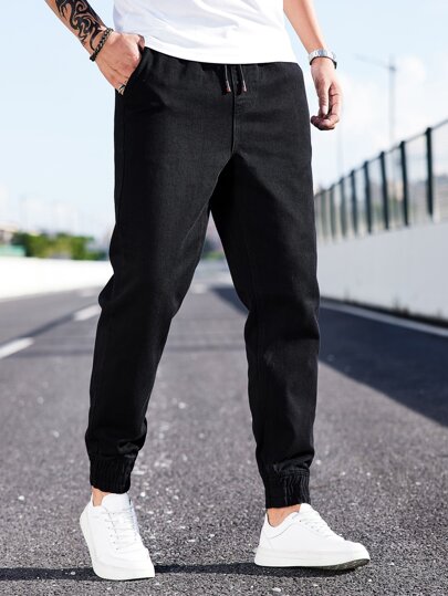 Manfinity Homme Men Cotton Drawstring Waist Jogger Jeans Straight Leg Long Washed Denim Joggers Jean Cargo Plain Black Work Basic Husband Going Out Hang Out Commute Work Street