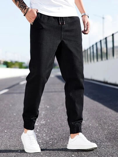 Manfinity Homme Men Cotton Drawstring Waist Jogger Jeans Straight Leg Long Washed Denim Joggers Jean Cargo Plain Black Work Basic Husband Going Out Hang Out Commute Work Street