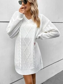 SHEIN Clasi Cable Knit Drop Shoulder Jumper Dress Without Belt - White - View 3