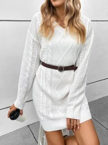 SHEIN Clasi Cable Knit Drop Shoulder Jumper Dress Without Belt - White - View 4