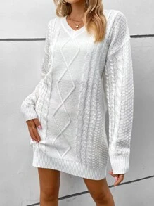 SHEIN Clasi Cable Knit Drop Shoulder Jumper Dress Without Belt - White - View 6