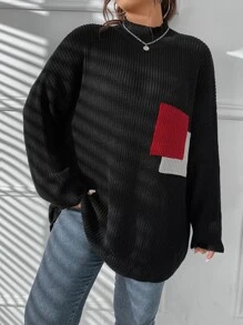 Flirla Plus Colorblock Mock Neck Drop Shoulder Sweater - Black - View 2