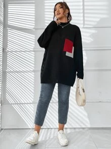 Flirla Plus Colorblock Mock Neck Drop Shoulder Sweater - Black - View 6