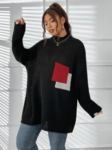 Flirla Plus Colorblock Mock Neck Drop Shoulder Sweater - Black - View 3
